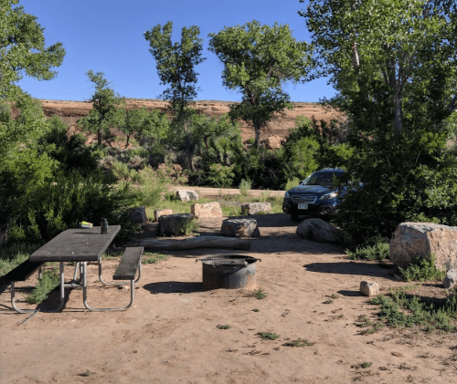 A campsite with a picnic table, fire pit, and a car parked nearby, surrounded by trees and rocky terrain.